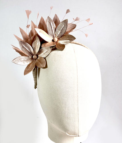 Kat - Rose Gold Leather and Feather Fascinator - MM844